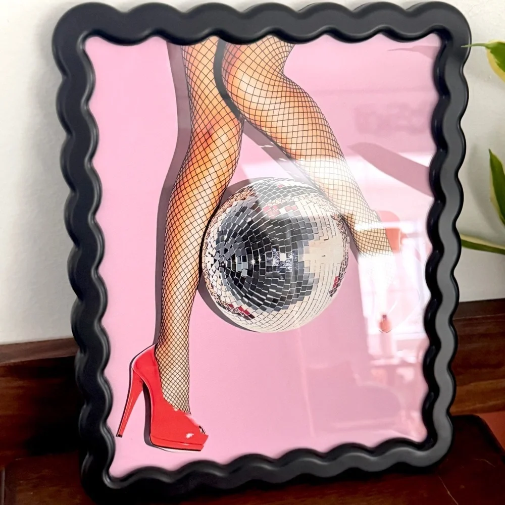 Fishnet Legs Disco Ball Party Red Heels Canvas Art Print Wavy Black Framed Art